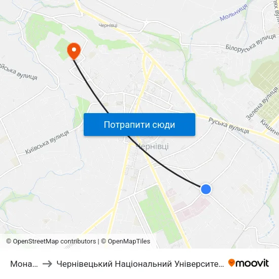 Монастир to Чернівецький Національний Університет Ім.Ю.Федьковича map