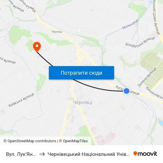 Вул. Лук'Яна Кобилиці to Чернівецький Національний Університет Ім.Ю.Федьковича map