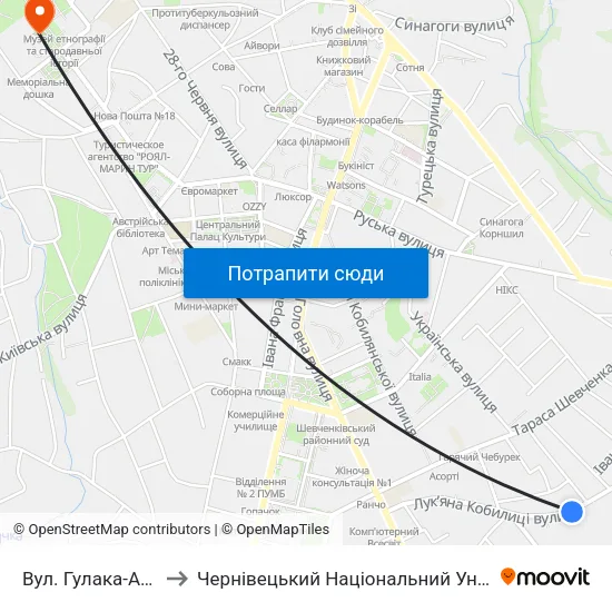 Вул. Гулака-Артемовського to Чернівецький Національний Університет Ім.Ю.Федьковича map