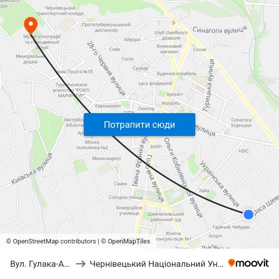 Вул. Гулака-Артемовського to Чернівецький Національний Університет Ім.Ю.Федьковича map