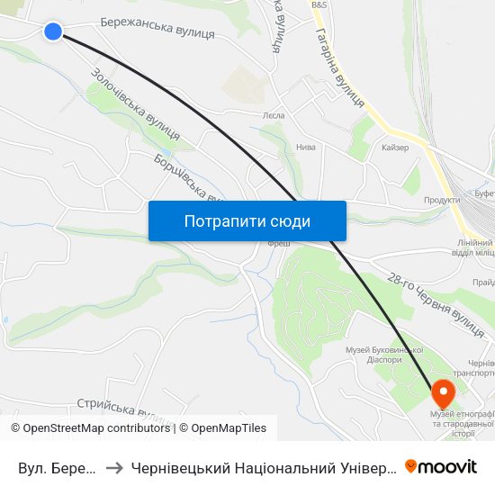Вул. Бережанська to Чернівецький Національний Університет Ім.Ю.Федьковича map
