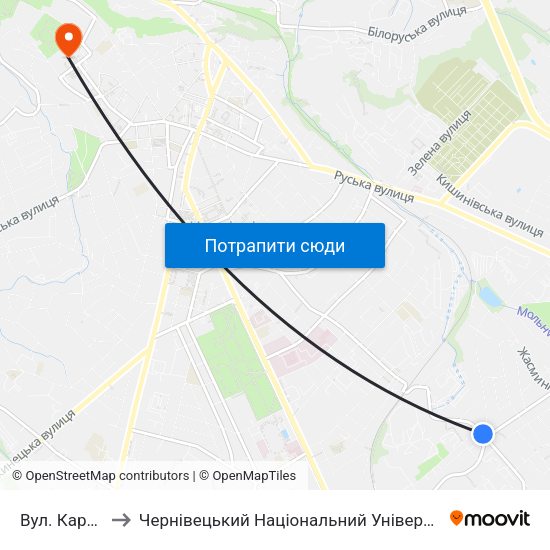 Вул. Кармелюка to Чернівецький Національний Університет Ім.Ю.Федьковича map