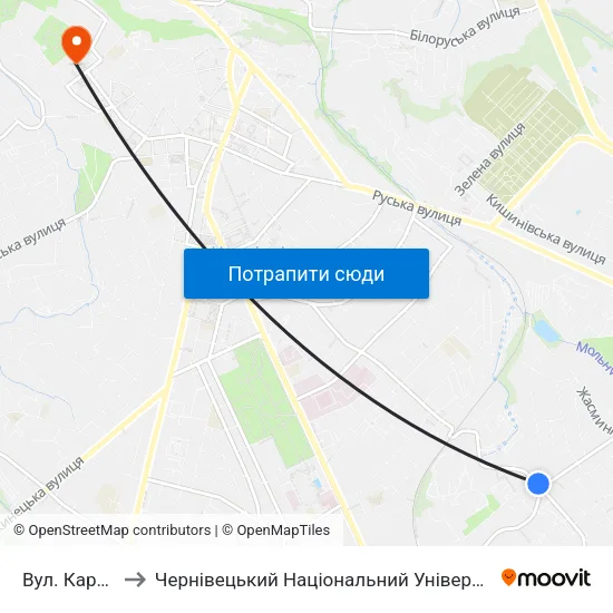 Вул. Кармелюка to Чернівецький Національний Університет Ім.Ю.Федьковича map