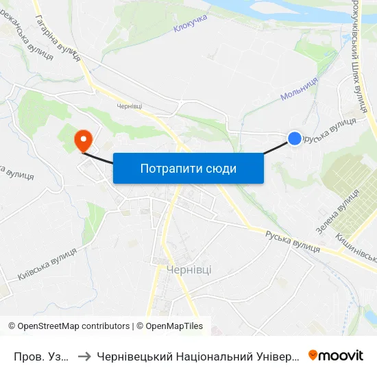 Пров. Узбецький to Чернівецький Національний Університет Ім.Ю.Федьковича map
