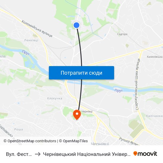 Вул. Фестивальна to Чернівецький Національний Університет Ім.Ю.Федьковича map