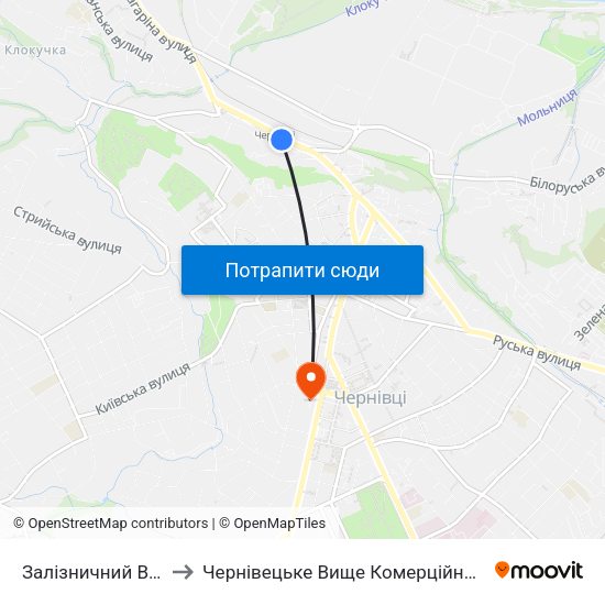 Залізничний Вокзал to Чернівецьке Вище Комерційне Училище map