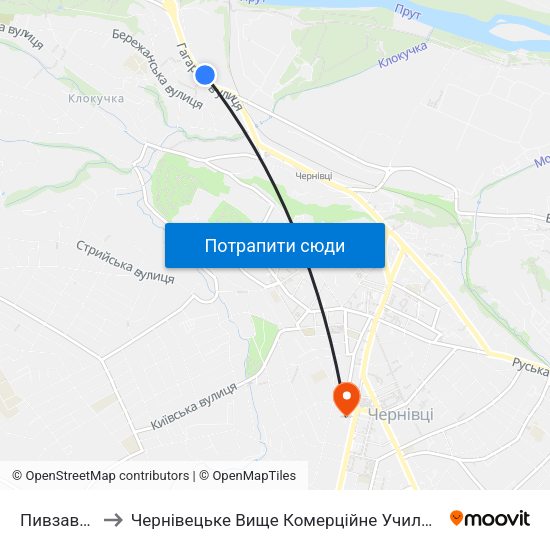 Пивзавод to Чернівецьке Вище Комерційне Училище map