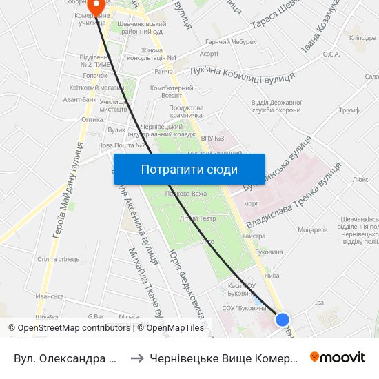 Вул. Олександра Щербанюка to Чернівецьке Вище Комерційне Училище map