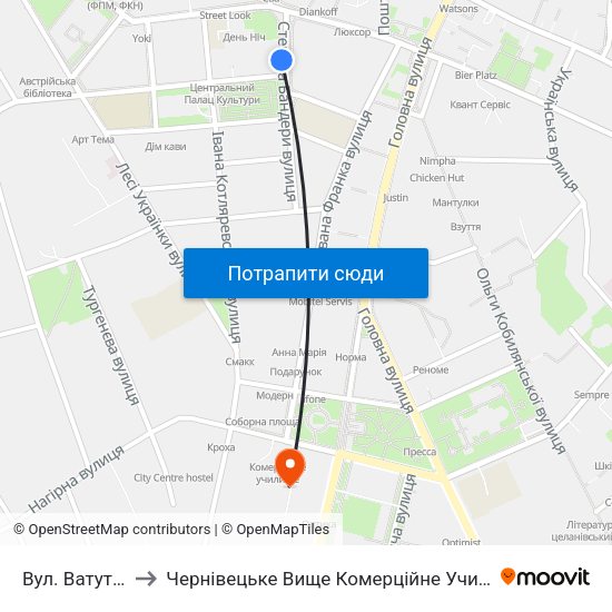 Вул. Ватутіна to Чернівецьке Вище Комерційне Училище map