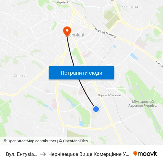 Вул. Ентузіастів to Чернівецьке Вище Комерційне Училище map