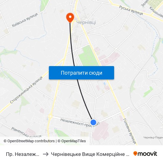 Пр. Незалежності to Чернівецьке Вище Комерційне Училище map