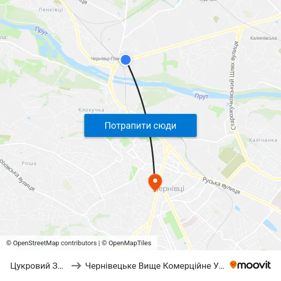 Цукровий Завод to Чернівецьке Вище Комерційне Училище map