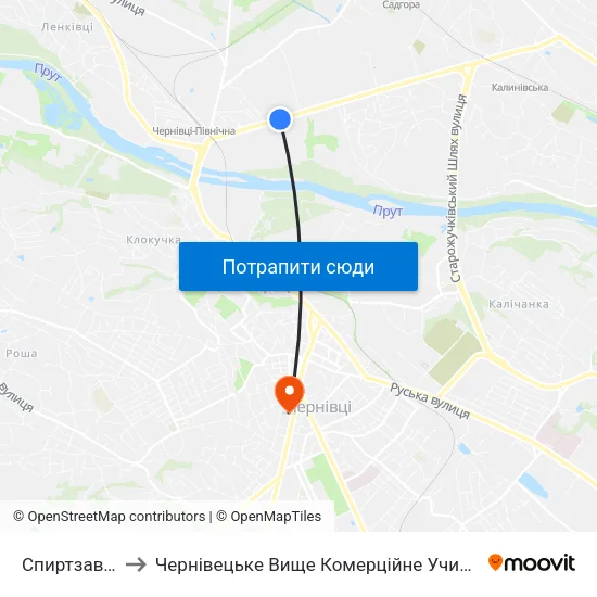 Спиртзавод to Чернівецьке Вище Комерційне Училище map