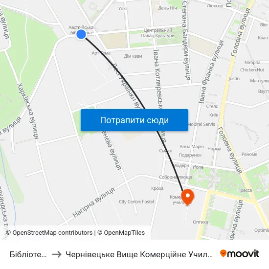 Бібліотека to Чернівецьке Вище Комерційне Училище map