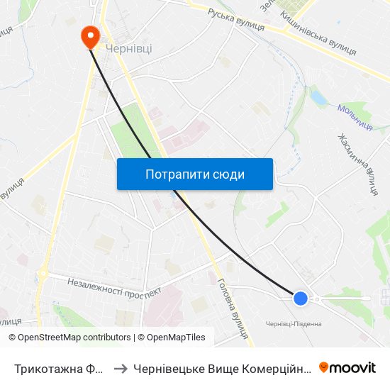 Трикотажна Фабрика to Чернівецьке Вище Комерційне Училище map