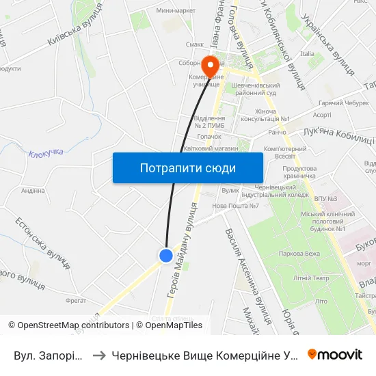 Вул. Запорізька to Чернівецьке Вище Комерційне Училище map