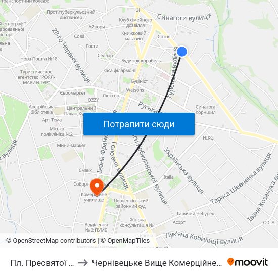 Пл. Пресвятої Марії to Чернівецьке Вище Комерційне Училище map
