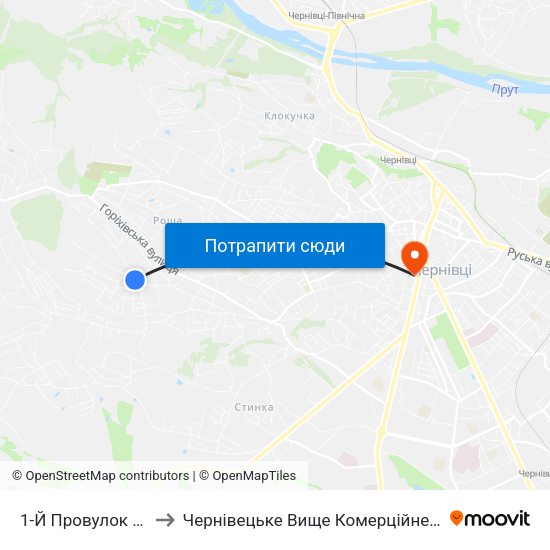 1-Й Провулок Іліуци to Чернівецьке Вище Комерційне Училище map