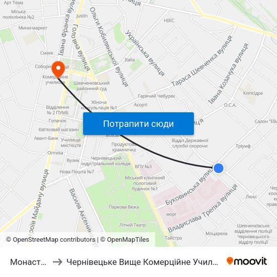 Монастир to Чернівецьке Вище Комерційне Училище map
