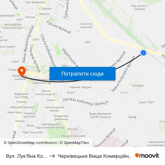 Вул. Лук'Яна Кобилиці to Чернівецьке Вище Комерційне Училище map