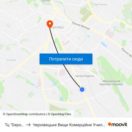 Тц "Depo'T" to Чернівецьке Вище Комерційне Училище map