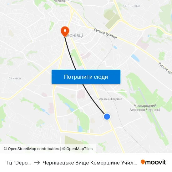 Тц "Depo'T" to Чернівецьке Вище Комерційне Училище map