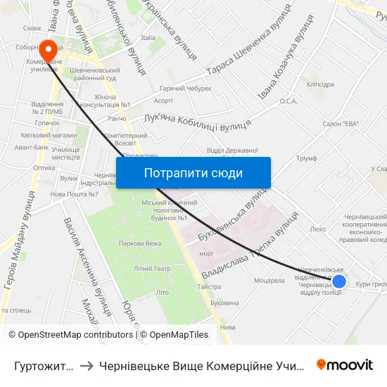Гуртожиток to Чернівецьке Вище Комерційне Училище map