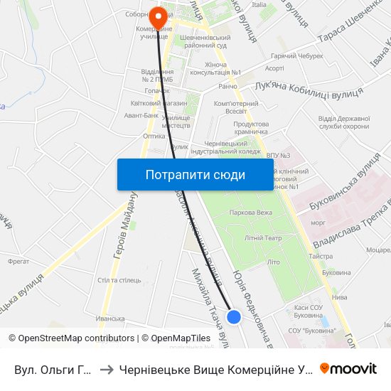 Вул. Ольги Гузар to Чернівецьке Вище Комерційне Училище map