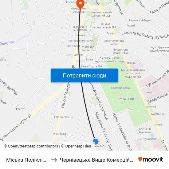 Міська Поліклініка №5 to Чернівецьке Вище Комерційне Училище map