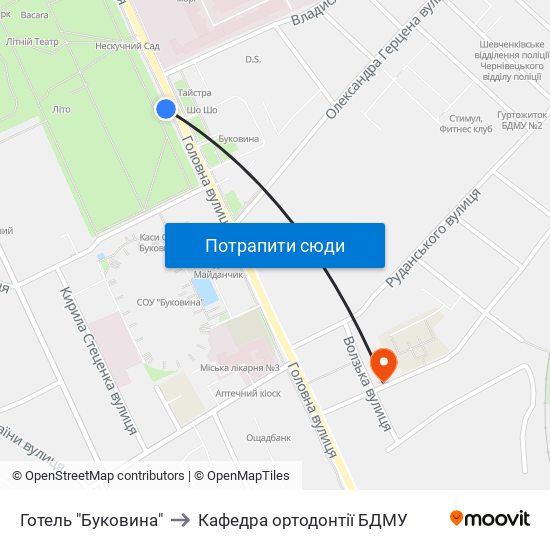 Готель "Буковина" to Кафедра ортодонтії БДМУ map