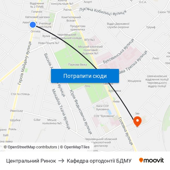 Центральний Ринок to Кафедра ортодонтії БДМУ map