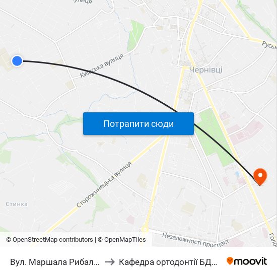 Вул. Маршала Рибалка to Кафедра ортодонтії БДМУ map