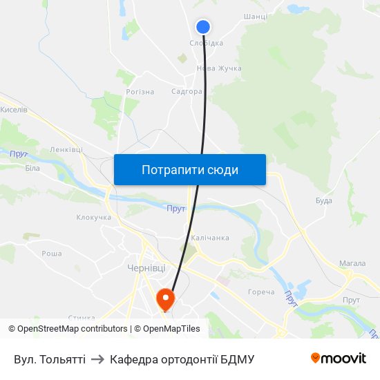 Вул. Тольятті to Кафедра ортодонтії БДМУ map