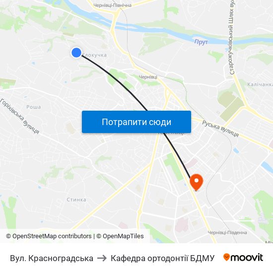 Вул. Красноградська to Кафедра ортодонтії БДМУ map