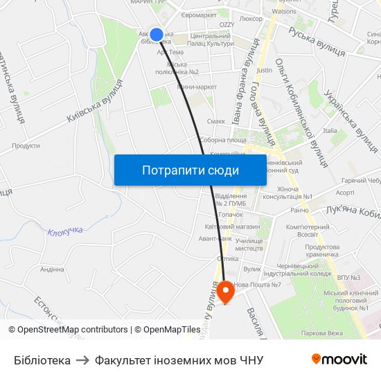 Бібліотека to Факультет іноземних мов ЧНУ map