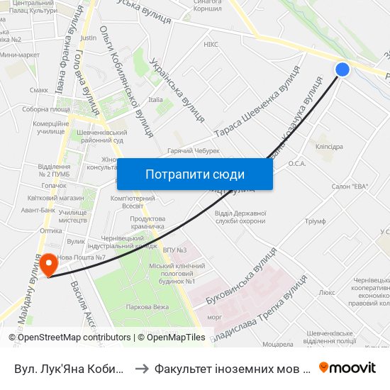 Вул. Лук'Яна Кобилиці to Факультет іноземних мов ЧНУ map