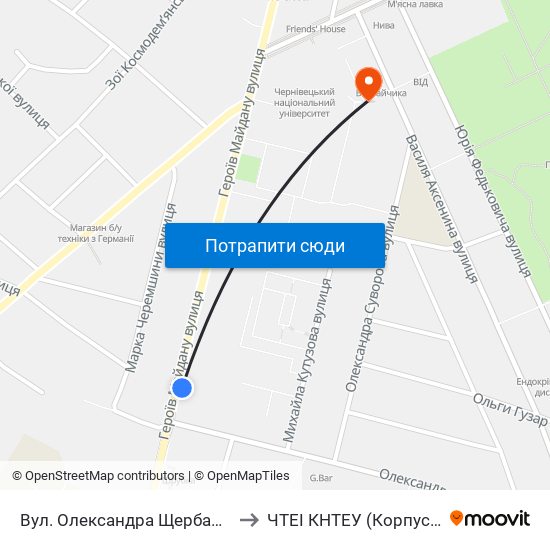 Вул. Олександра Щербанюка to ЧТЕІ КНТЕУ (Корпус #3) map