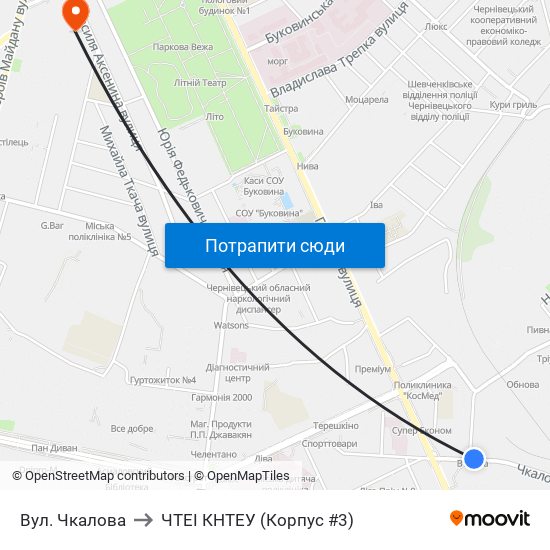 Вул. Чкалова to ЧТЕІ КНТЕУ (Корпус #3) map