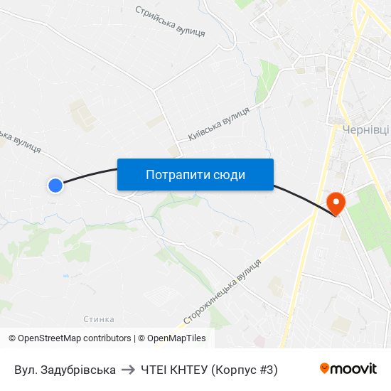 Вул. Задубрівська to ЧТЕІ КНТЕУ (Корпус #3) map