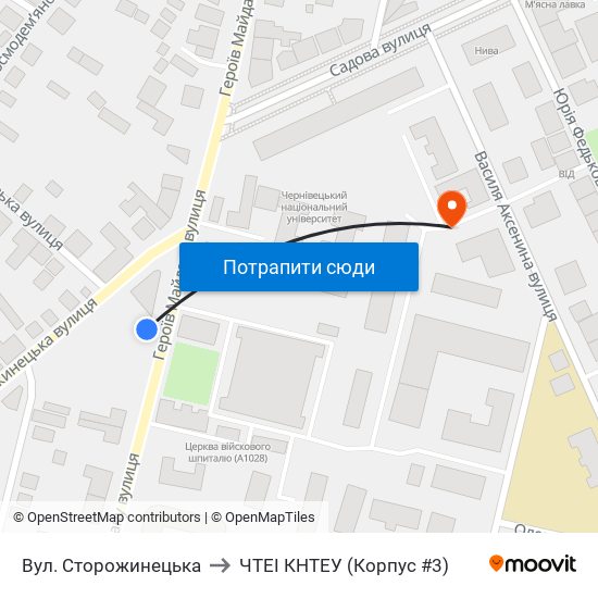 Вул. Сторожинецька to ЧТЕІ КНТЕУ (Корпус #3) map