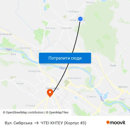 Вул. Сибірська to ЧТЕІ КНТЕУ (Корпус #3) map