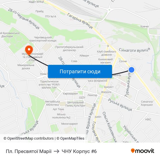 Пл. Пресвятої Марії to ЧНУ Корпус #6 map