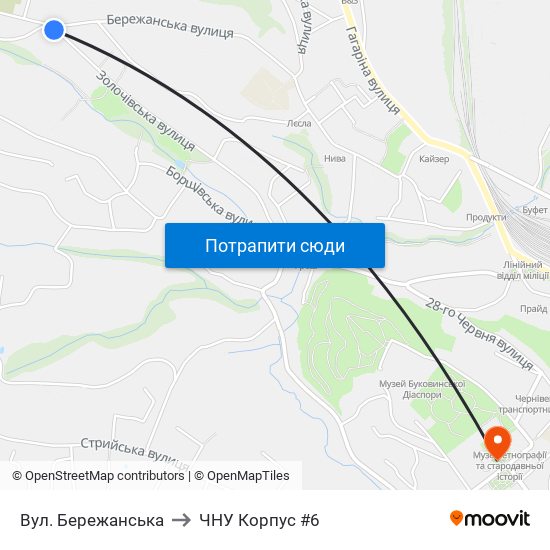 Вул. Бережанська to ЧНУ Корпус #6 map