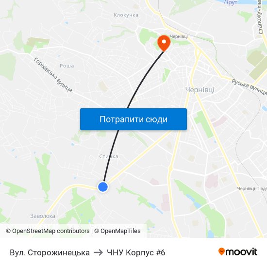 Вул. Сторожинецька to ЧНУ Корпус #6 map