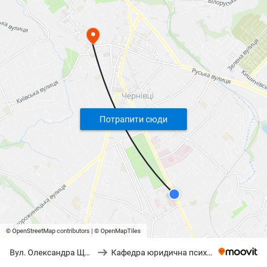 Вул. Олександра Щербанюка to Кафедра юридична психологія ЧНУ map