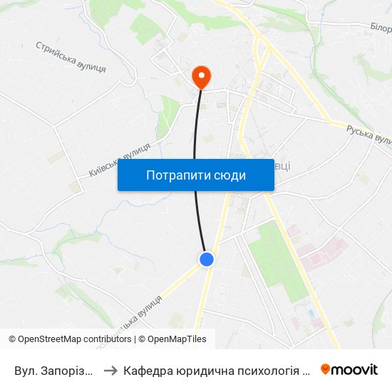 Вул. Запорізька to Кафедра юридична психологія ЧНУ map