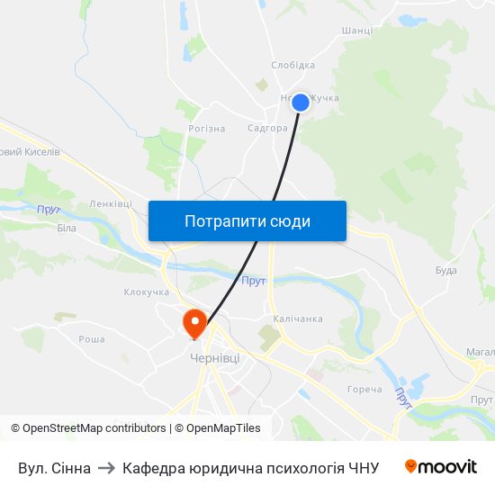 Вул. Сінна to Кафедра юридична психологія ЧНУ map