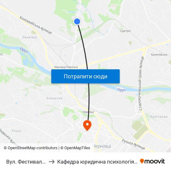 Вул. Фестивальна to Кафедра юридична психологія ЧНУ map