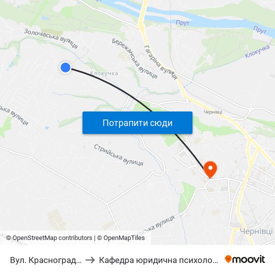 Вул. Красноградська to Кафедра юридична психологія ЧНУ map