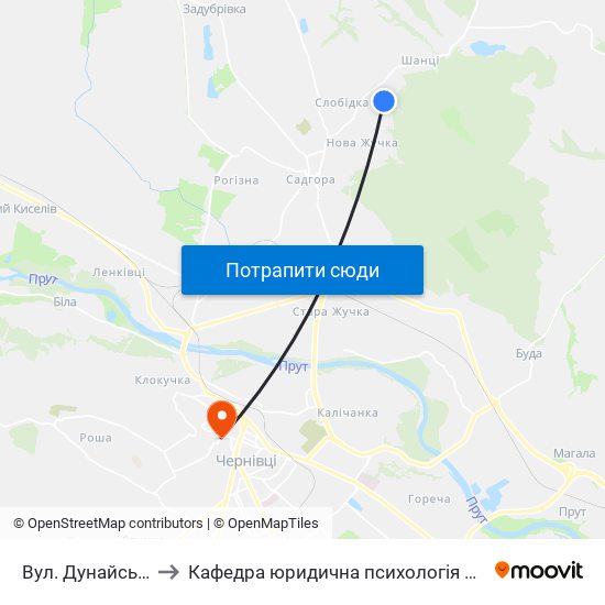 Вул. Дунайська to Кафедра юридична психологія ЧНУ map